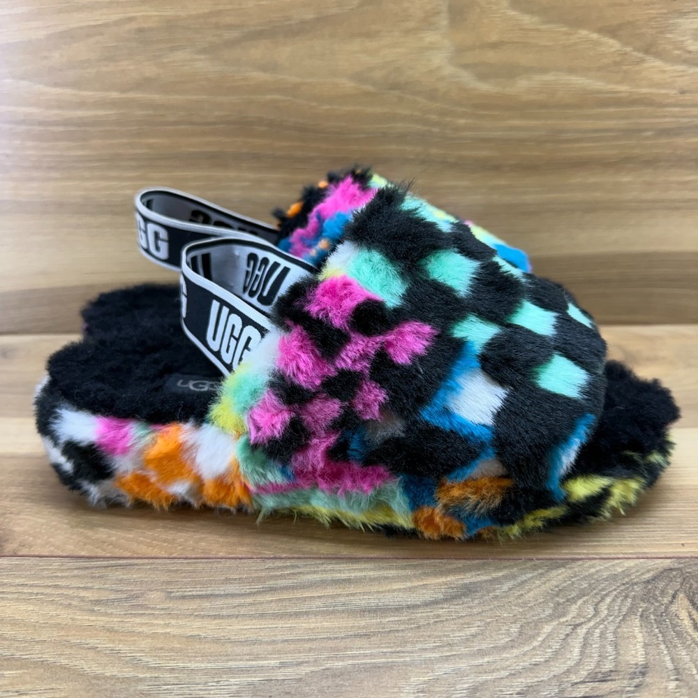 UGG Fluff Yeah Shearling Fur Slingback Slipper Checkerboard 6 Multi Platform